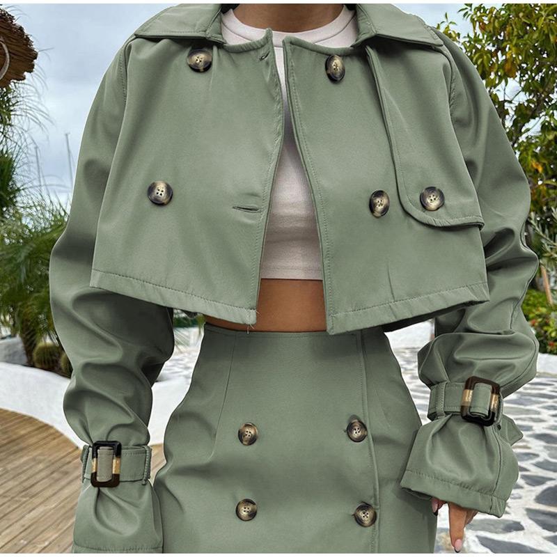 Lapel Trench Short Coat Jacket Wrap Hip Skirt Set Breasted Vintage British Style Women's Workwear Overcoat Short Skirts Sets