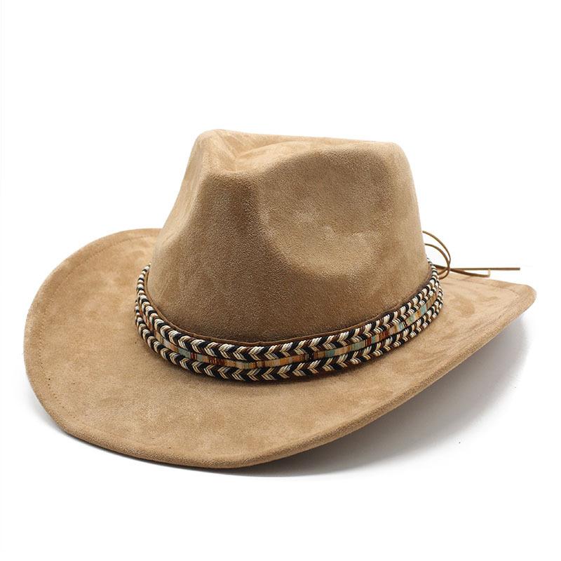 Suede Upturned Cowboy Hat Men S And Women S Outdoor Travel Hat Rolled-Brim Ethnic Style Top Hat Prairie Sun Hat M（56-59cm）
