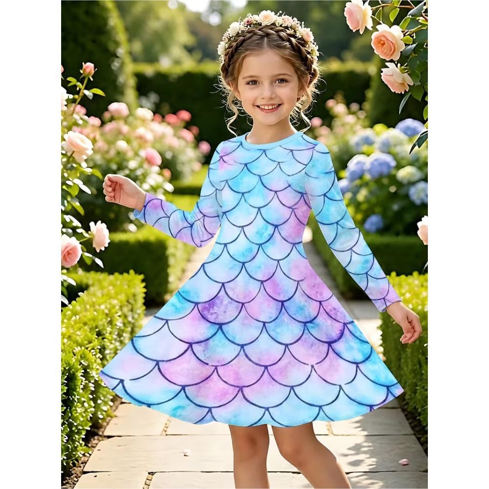 Girls' 3D Mermaid Scale Dress Long Sleeve Summer Spring Vacation Daily Holiday Princess Beautiful Sweet Kids 4-12 Years Casual Dress A Line Dress