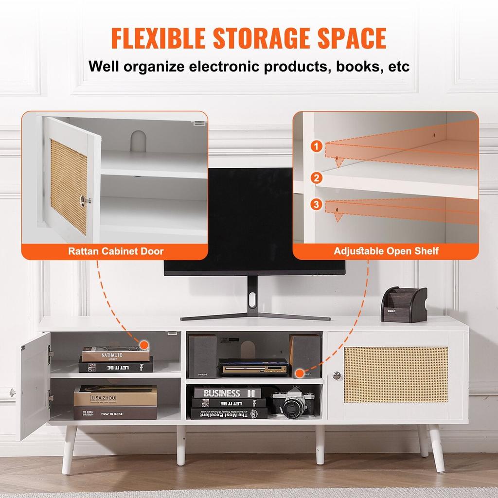 Rattan TV Stand for 65" TV Boho TV Stand with Build-in Socket White