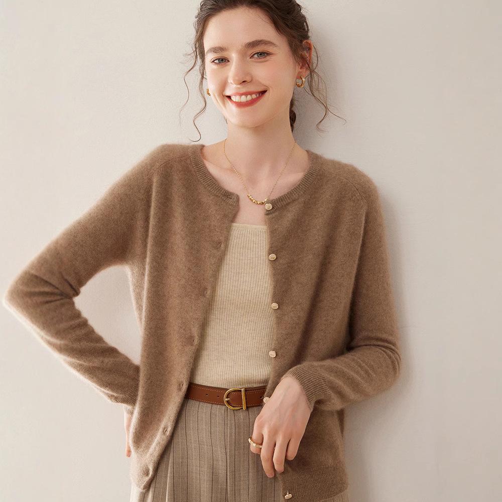 Women's Autumn Winter Cashmere Knit Cardigan: Loose-Fit, Long Sleeve, Round Neck, Versatile Fashion Top.