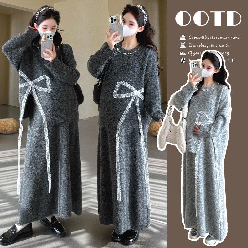 High-End Autumn 2025 Maternity Knit Skirt & Bow Tie Lace-Up Top Set XL светло-серый