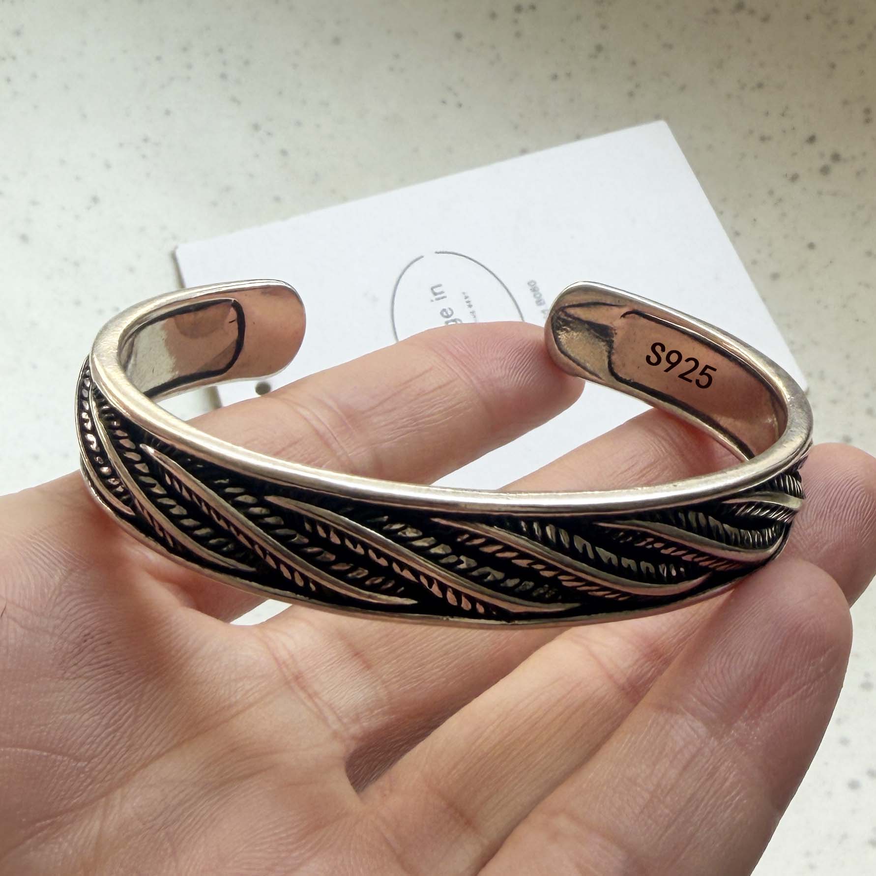 

100% Solid 925 Sterling Silver Retro Bracelet for Women Geometric Handmade Wide Fether Strip Bracelet Birthday Gift