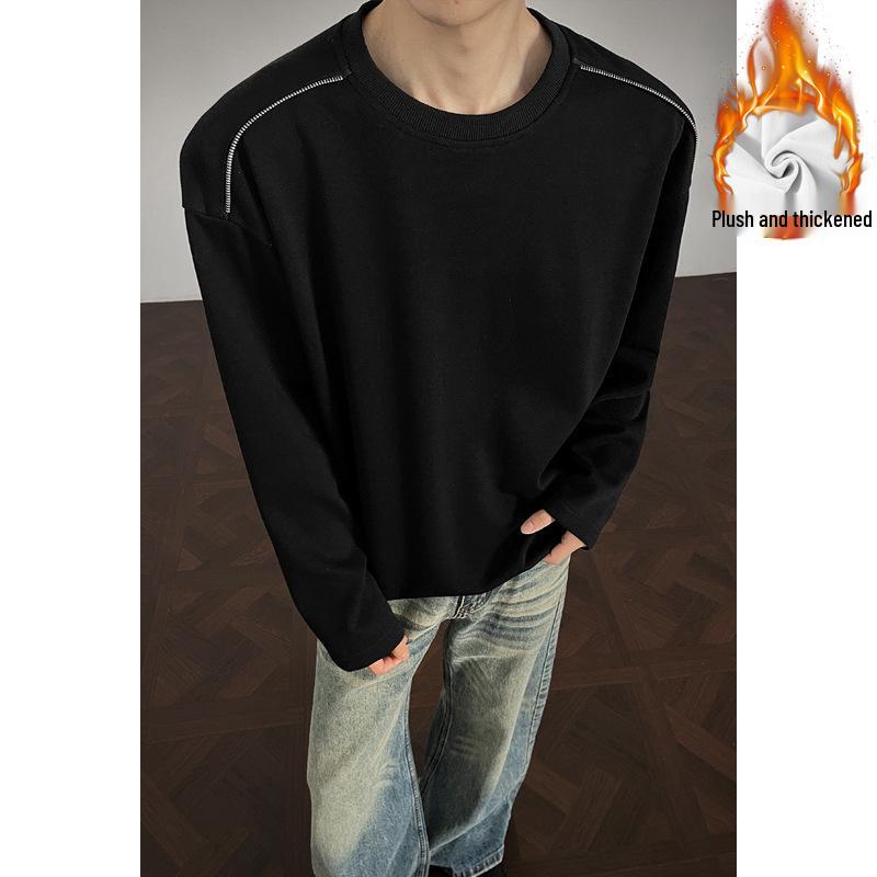 American High Street Men s Thickened Hoodie: Trendy Zipper Shoulder Long Sleeve Plus Velvet Winter Base Layer Shirt. L