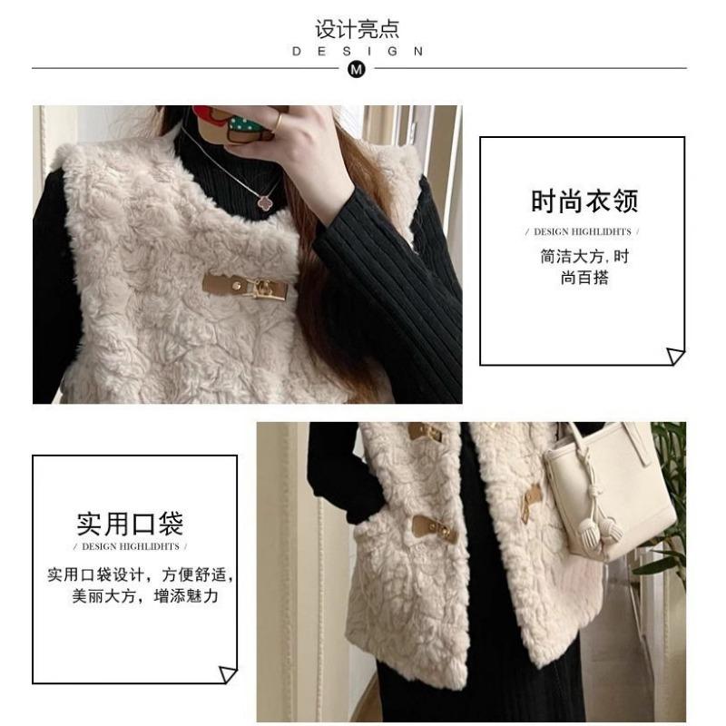 Women Faux Fur Vest Metal Buckle Loose Vintage Thick Warm Sleeveless
