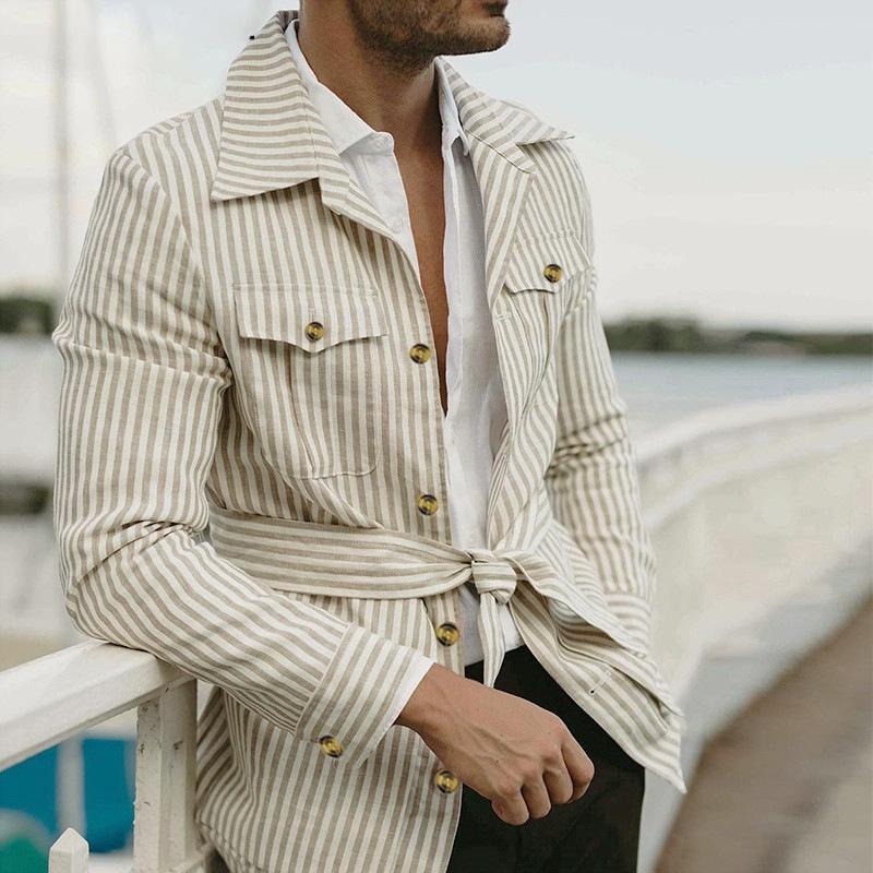 Spring and Autumn Men's Cardigan Striped Multi Pocket Long Sleeved Plus Size Casual Suit Jacket