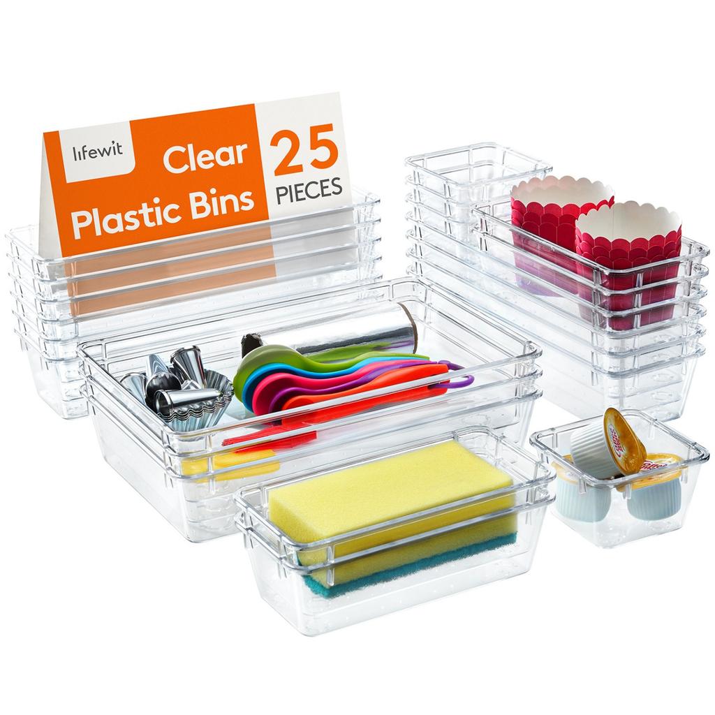 [Clear Plastic | Organizer] 25pcs Clear Plastic Drawer Organizer 4 Sizes Vanity Drawer Dividers Storage Separation Bins for Make Up Kitchen Utensils