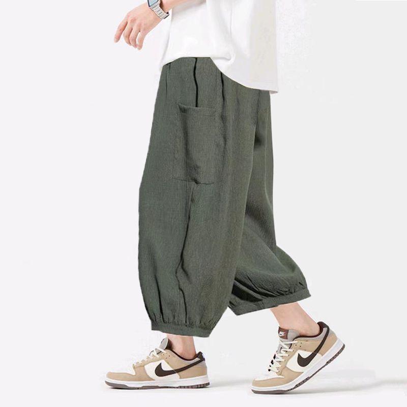 

Summer Solid Loose Men Ankle Length Pants Streetwear Fashion Big Size Male Clothing Elastic Waist Casual Thin Wide Leg Trousers 5XL зелений