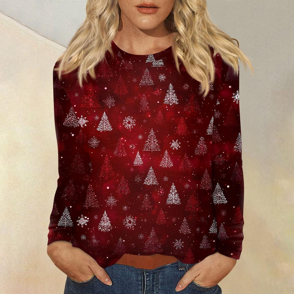 Women's Fashion Casual Christmas Printed Round Neck Long Sleeve Pullover Top