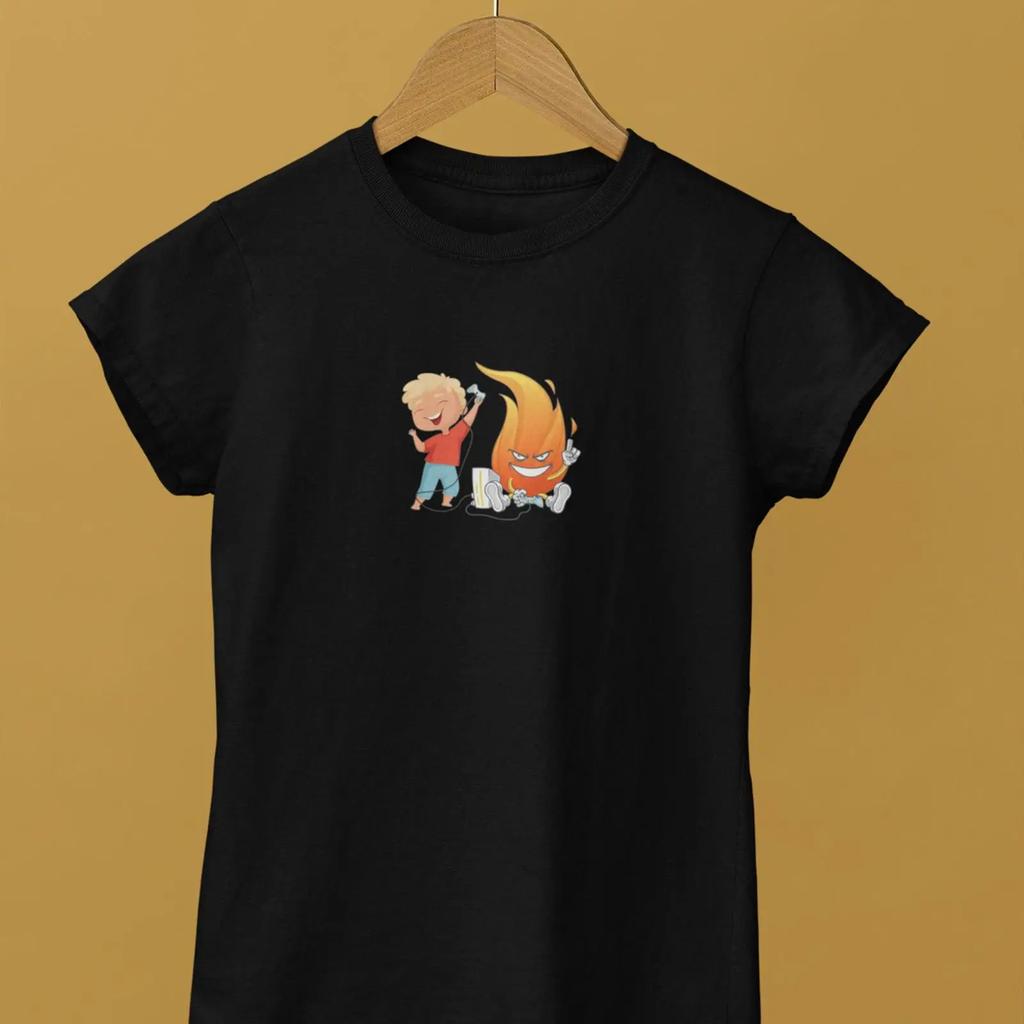 Playing With Fire Funny Cartoon Boy Flame Game Casual T Shirt vintage Washed designer clothes V