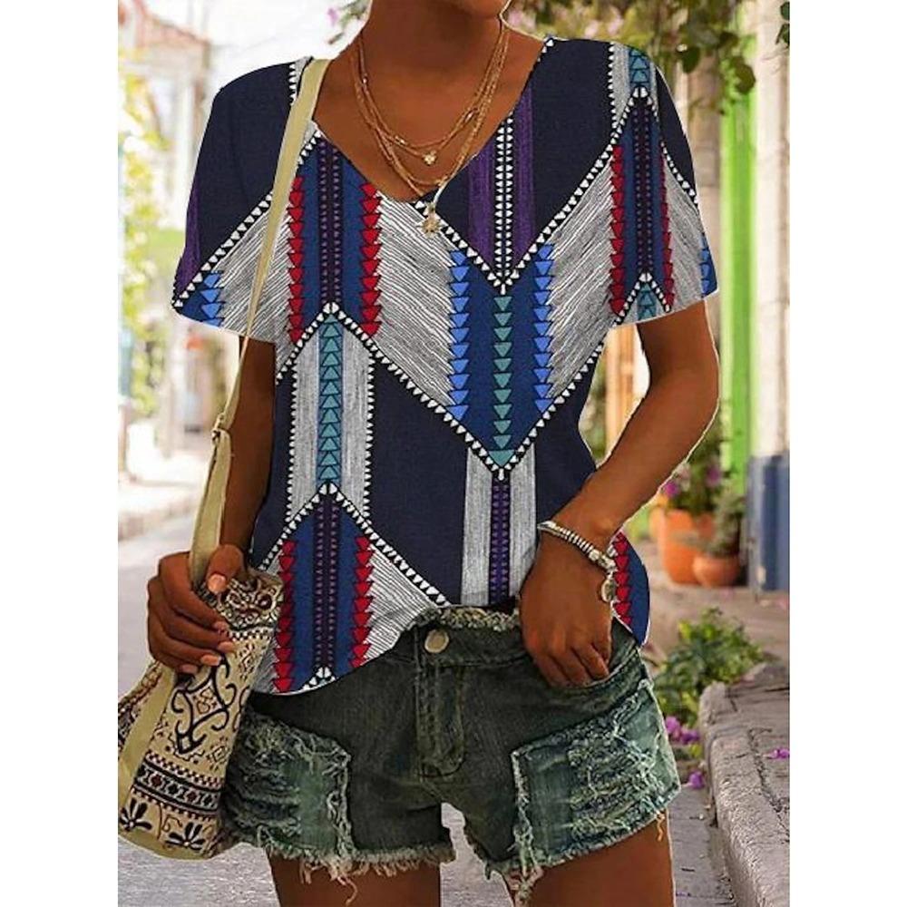 T-shirt da donna retrò casual nera moda scollo a V pullover manica corta stampata larga top quotidiano