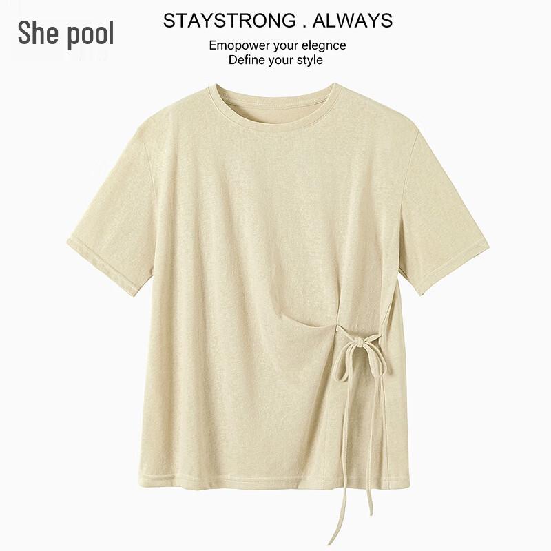 Women s Summer Round Neck Tie-Detail Loose T-Shirt L
