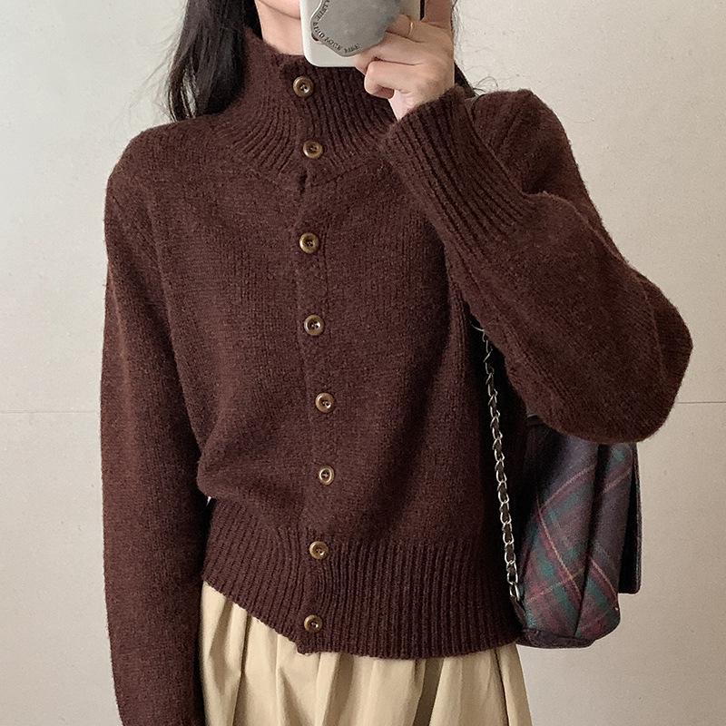 

Женский кардиган из кашемира и шерсти в стиле ретро с высоким французским воротником на осень и зиму M (90-110 jin) коричневый/красный