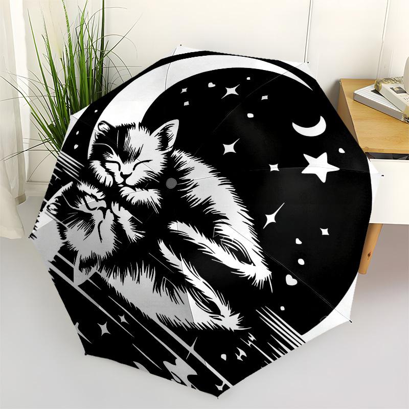 1pc cat moon Automatic Folding Umbrella, Heavy Duty 8 Rib Iron Frame,  Suitable for Travel, Daily Use, Birthday, Decor Gift  38