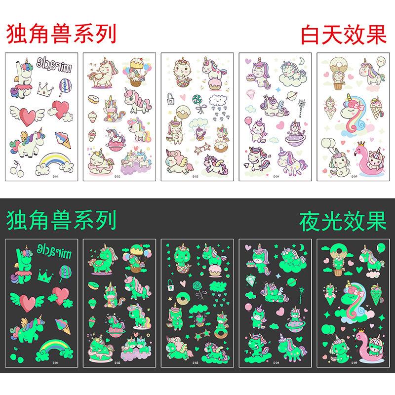 5/10Sheets Luminous Tattoo Anime Stickers Toy Children Body Art Temporary Fake Tattoos Waterproof Cartoon Unicorn Animal Mermaid