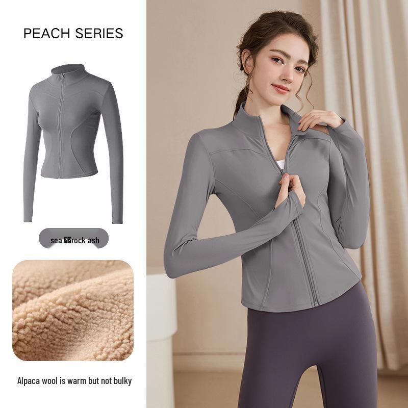 Women's Slimming Lambswool Jacket – Stand Collar, Velvet-Lined, Thick, Stretchy, Warm Yoga Top for Autumn & Winter