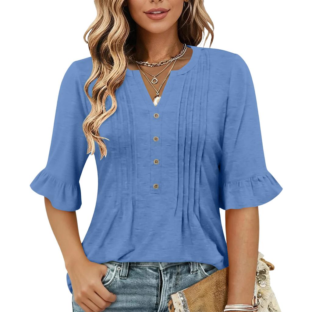 Women's Fashion Casual V-Neck Button-Front Pleated T-Shirt With Short Sleeves In Solid Color