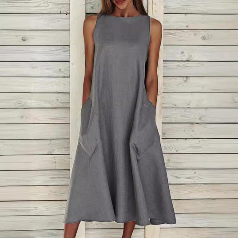 European & American Style Round Neck Sleeveless Double Pocket Long Dress (2022)
