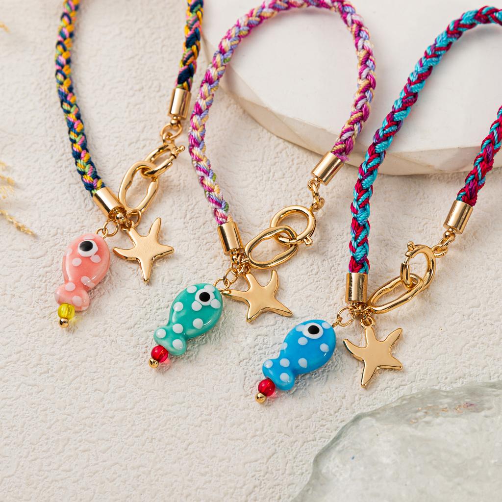 18K gold-plated stainless steel fish and starfish charm colorful woven rope bracelet, summer beach bohemian women's jewelry