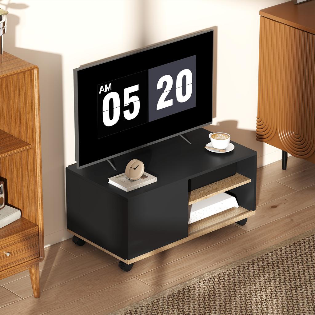 TV Stand On Casters with Brakes, TV Cabinet with Cupboard and Adjustable Shelf, Black and Oak