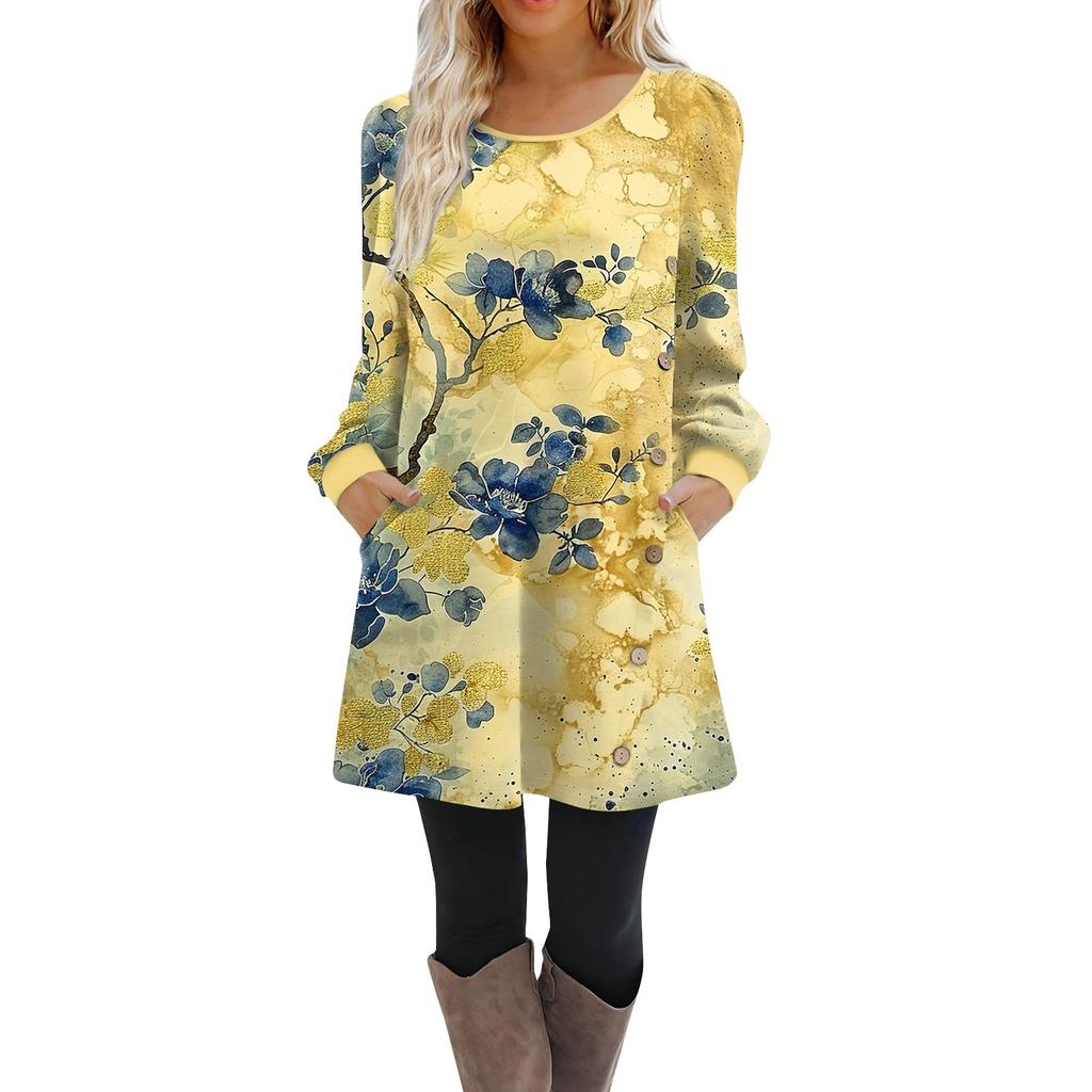 Damen Langarm A-Linien-Kleid Lässiger Pullover Mit Knopf Lockere Passform Kleid Mit Taschen