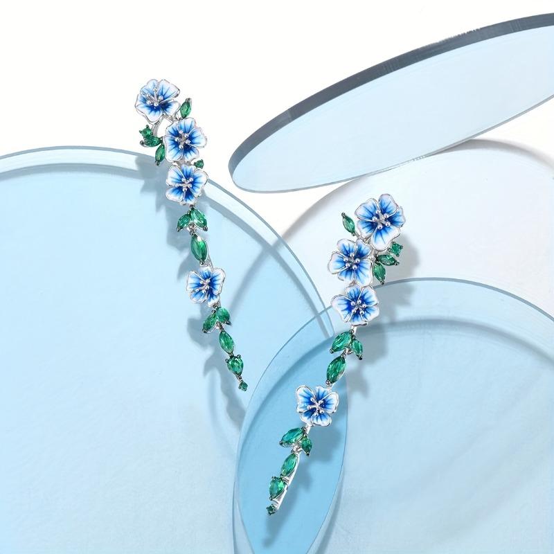 Luxury Romantic Enamel Flower Earrings Women Elegant Delicate Blue Trumpet Flower Long Aesthetic Earrings Wedding Party Gifts