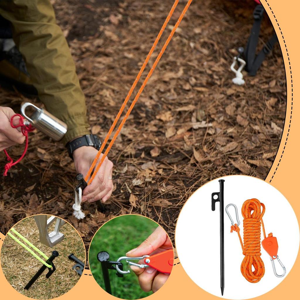 6Pcs Outdoor Tent Nail 6Pcs Adjustable Metal Gears Pulley Ropes Heavy Duty Steel Pegs Tent Stakes for Camping Awning Tent