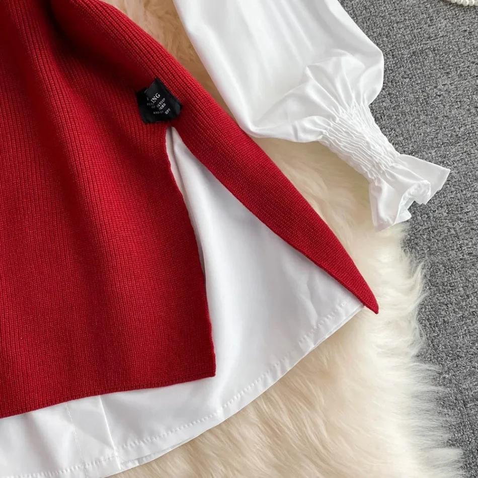 Modă Nouă Coreeană Doamnă de Birou Rever Mâneci Felinar Cămașă Albă + Vestă Tricotată cu Gât în V Set Casual Două Piese Haine Femei