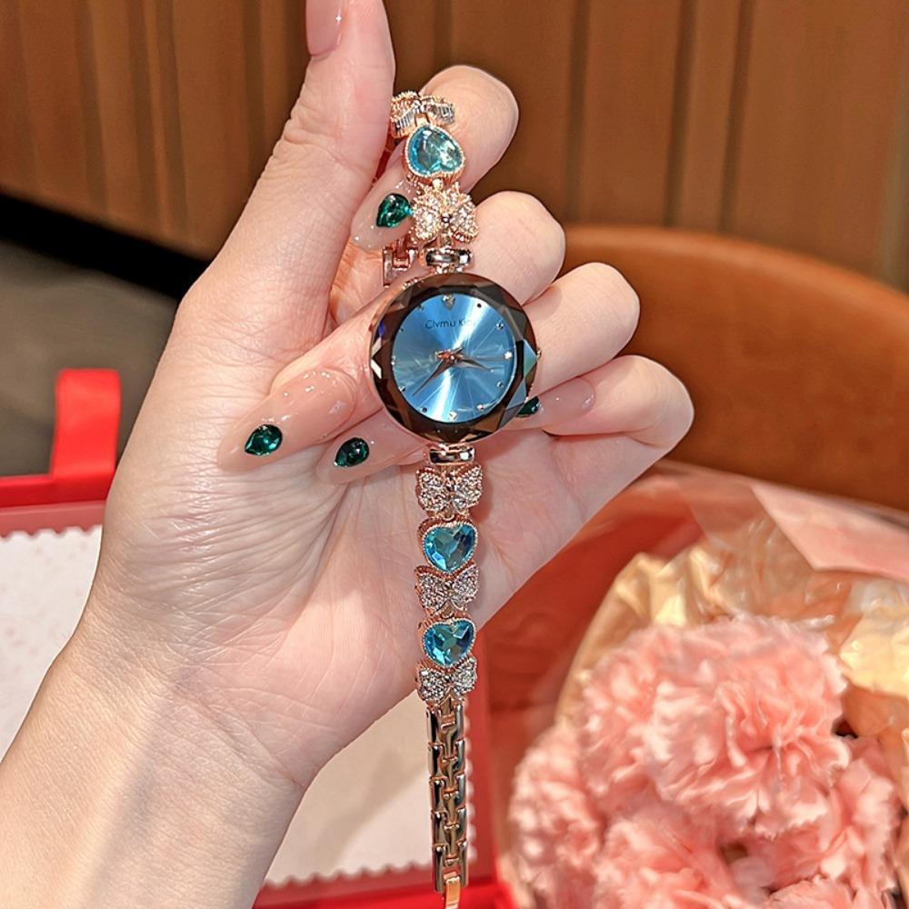 Cimiu Kiai Montre à Quartz Ronde Facettée pour Dames Bracelet Cœur Strassé Nœud Cristal Incrusté Élégante Montre-Bracelet de Soirée de Luxe Cadeau pour Femmes