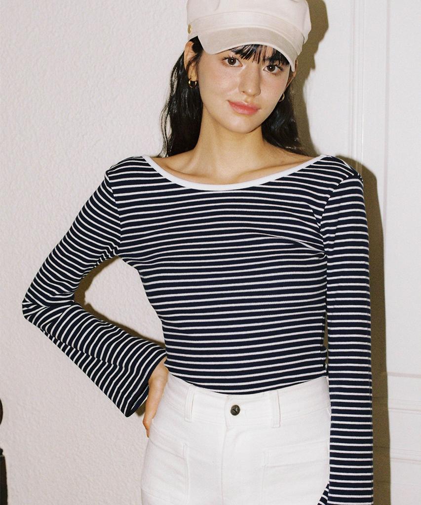 SALON DE YOHN Back Point Stripe T_ Navy