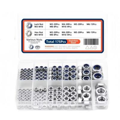 175PCS Nylon Insert Lock Locknuts M3 M4 M5 M6 M8 M10 Stainless Steel Hex Nuts Assorted Sizes Anti-Loose Metric Nuts