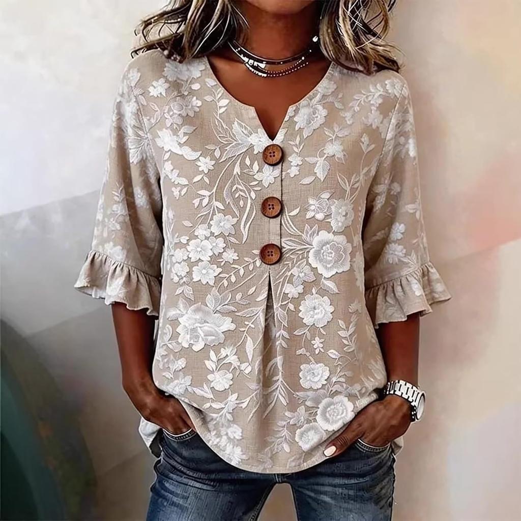 Women V Neck Floral Print Button Front Loose Fit Blouse Ruffle Sleeve Casual Top for Everyday Wear