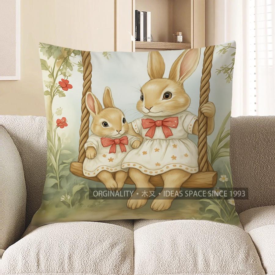 Home Decor Cute Bunny Pair Garden Scene Pillow Cover Pattern Cushion Cover Suitable For Sofa Bedroom Car Pillow Cover