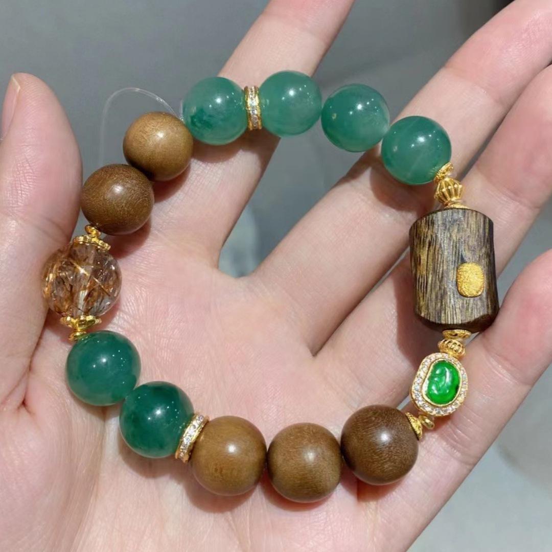 Green Jade Sandalwood Retro Bracelet with S925 Sterling Silver Beads 925 Silver