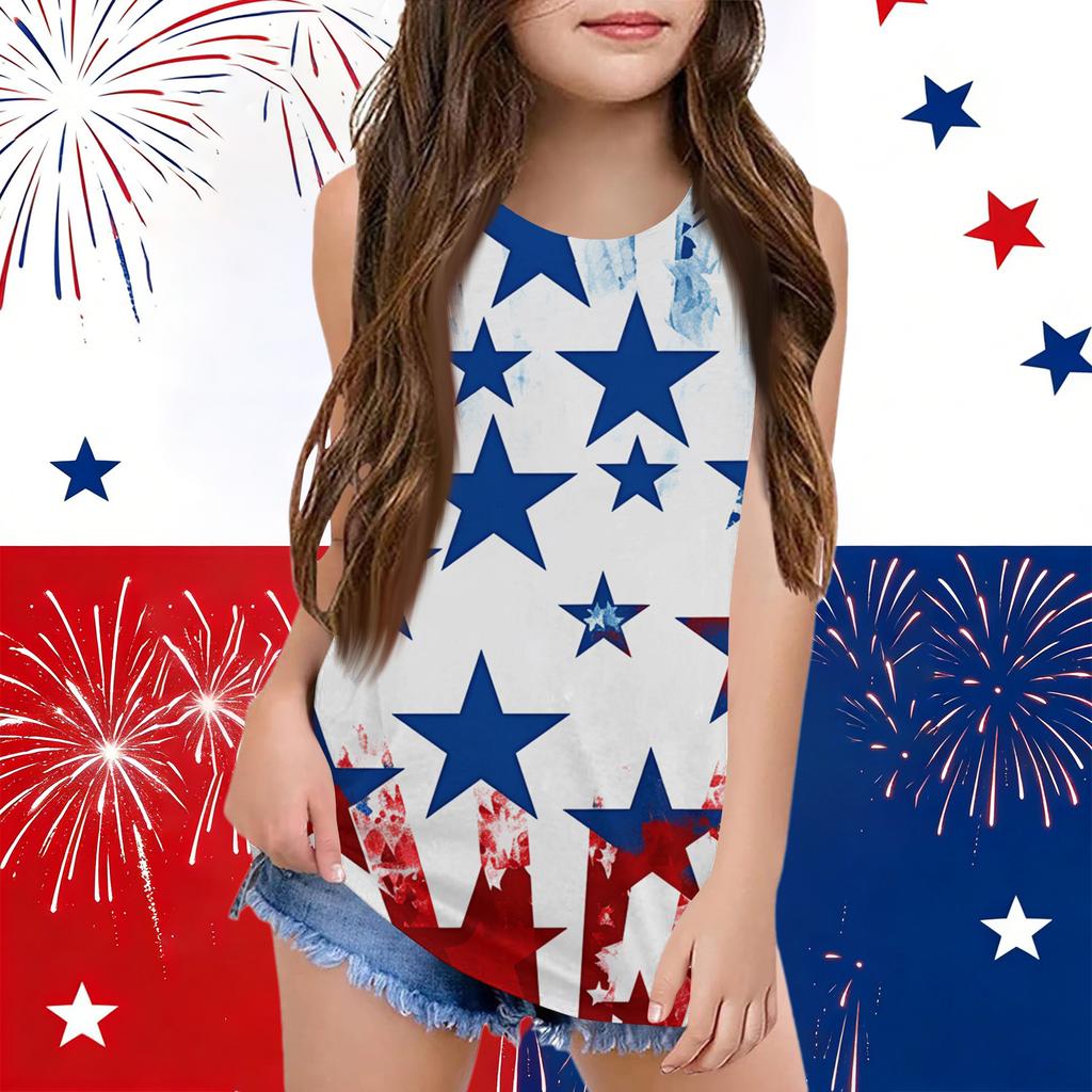 Girls  Kids Summer Crewneck Sleeveless Shirts Tank Tops Independence Day
