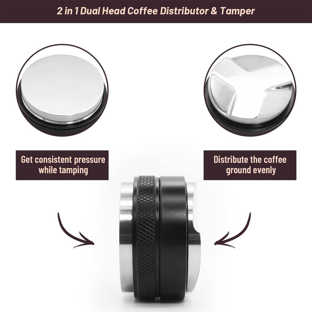 Justerbart djup 53/58mm Kaffefördelare Tamper Professionell Espresso Handtamper Dubbelhuvud Kaffenivellerare Portafilte
