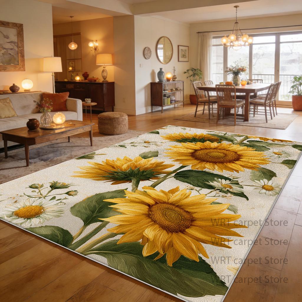 Tappeto Grande Stile Pastorale con Motivo Girasoli per Soggiorno Decorazione Piante Tappeti per Area Divano Casa Tappetino Soffice Lavabile per Giardino