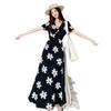 Summer French Retro Black Floral V-Neck Lace Dress with Slimming Waist and Wide Hem