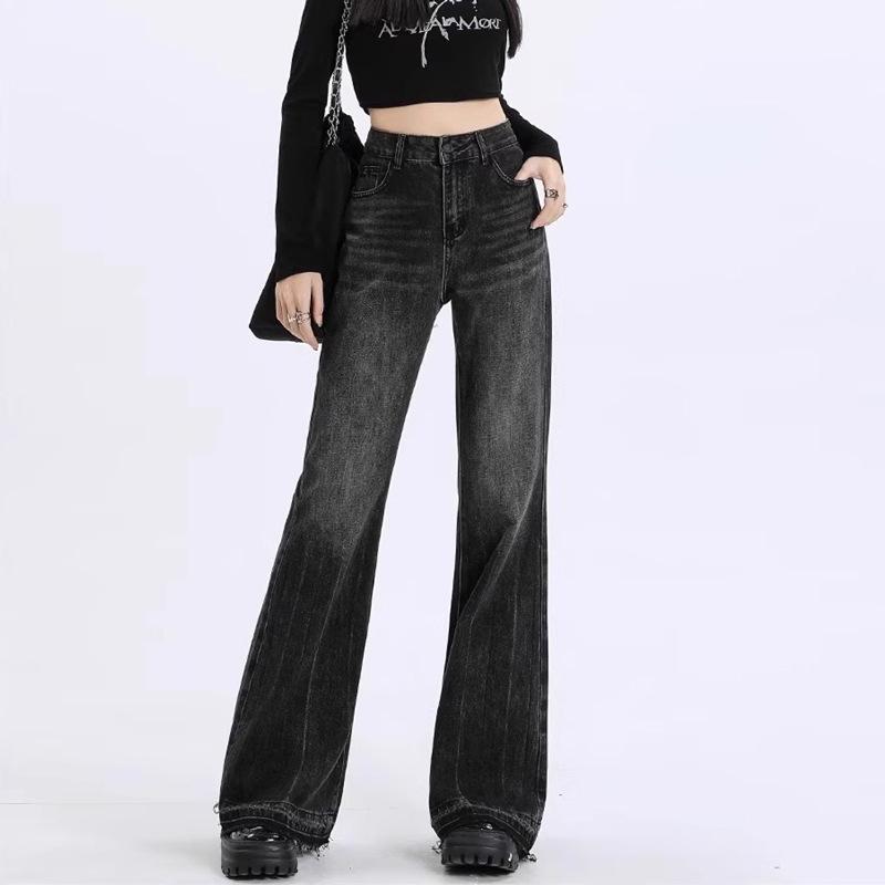 Plus Size Women's High Waist Straight Leg Jeans In Black/Grey: Loose Fit, Slimming, Raw Hem, Bootcut, Flared Long Pants.