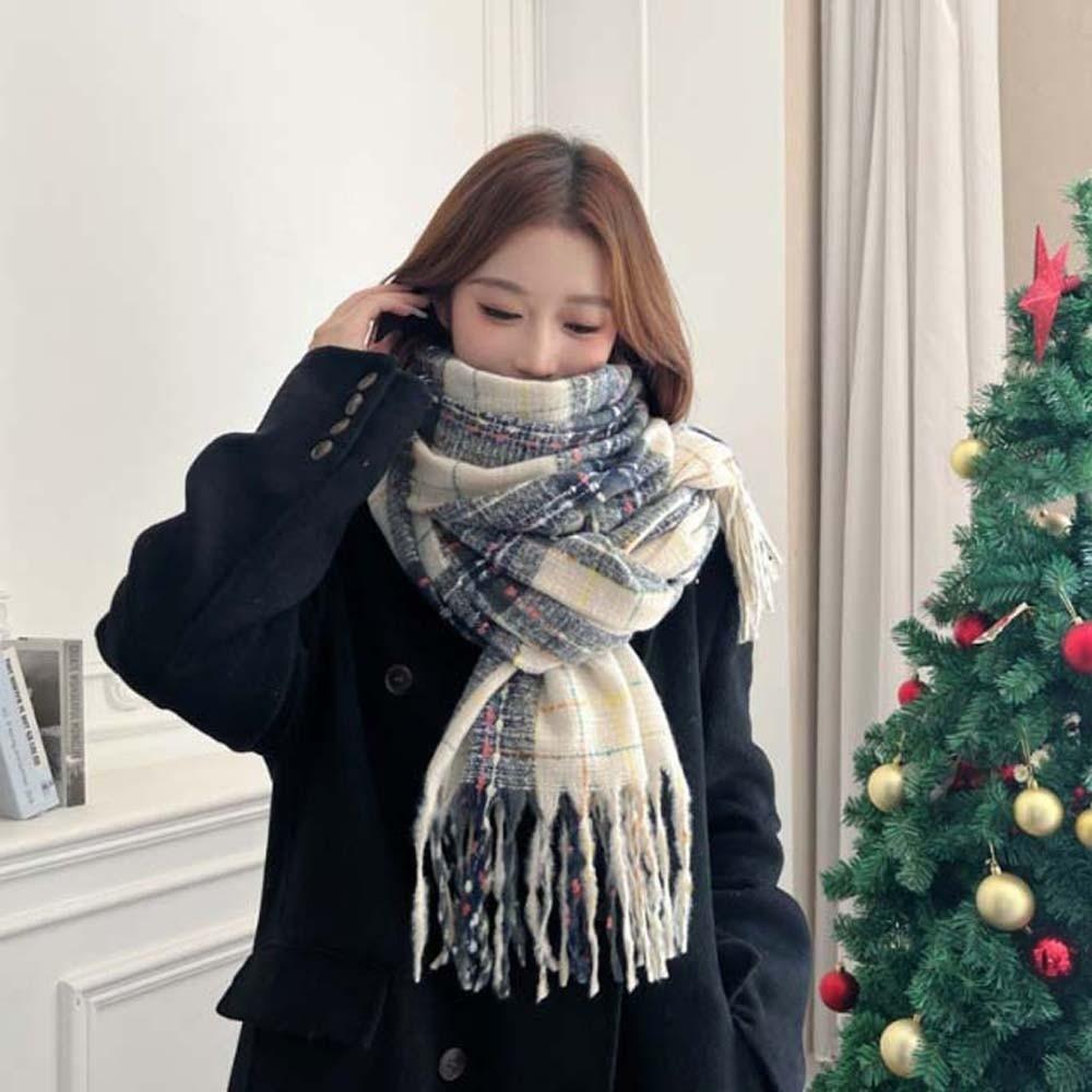 Classic Long Tassel Neckscarf Soft Women Thickened Scarf Soft Plaid Knitted Scarf  Spring