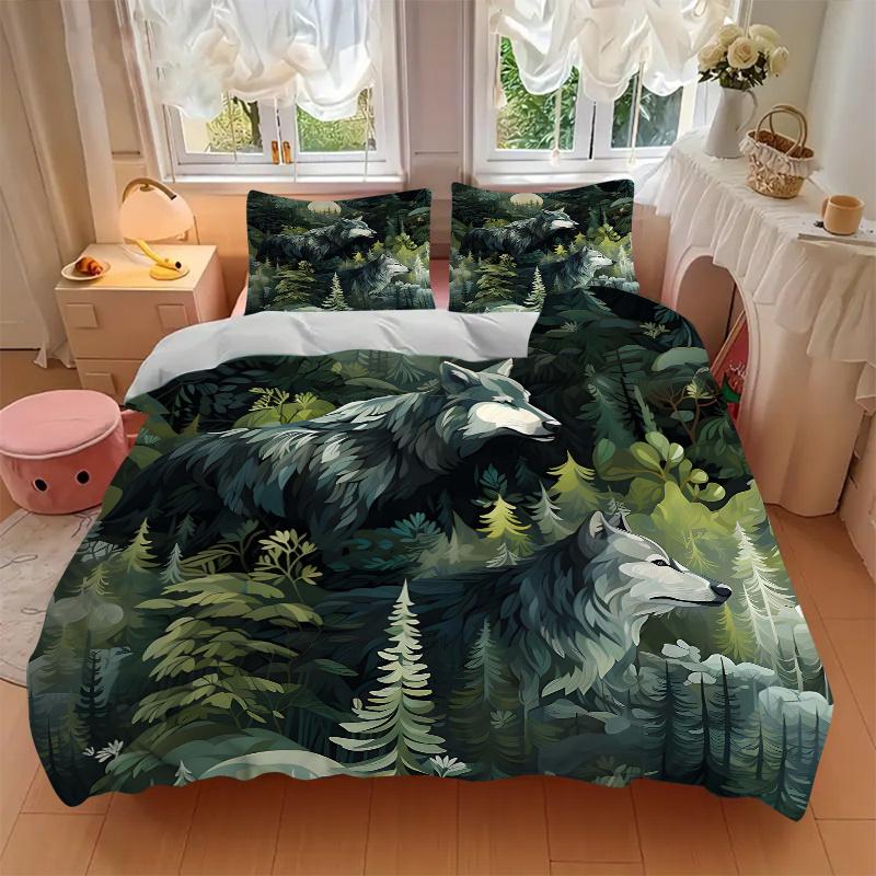 3pcs Two Wolves in the Forest Printed Quilt Set - Includes 1 Quilt Cover and 2 Pillowcases, Machine Washable - Suitable for All Seasons.J088