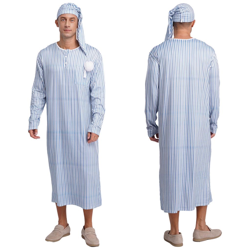 Men's Soft Loose Sleepwear Striped Long Sleeve Nightshirt with Sleeping Cap Pajama Set
