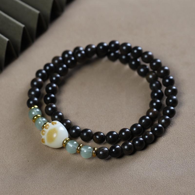 Bodhisattva Agarwood Bracelet: Double Circle Lotus & Cat Paw Beads, Jade Accents, Women's Prayer & Literary Play Accessory