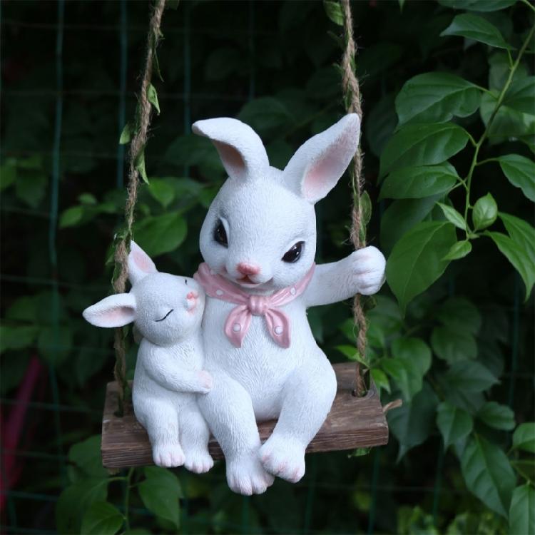 Lovely Mother And Baby Rabbit Easter Swing Ornament Durable Resin Rabbit Swing Home Decors For Year Round Display