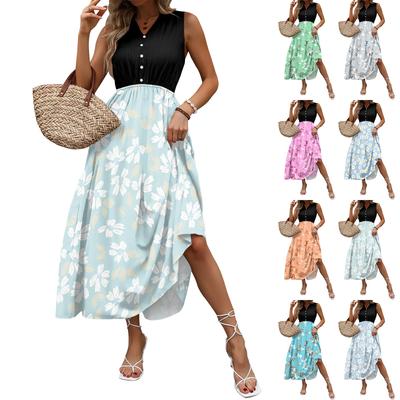 Women's Casual And Fashionable V-neck  Sleeveless Printing Mid Length Dress