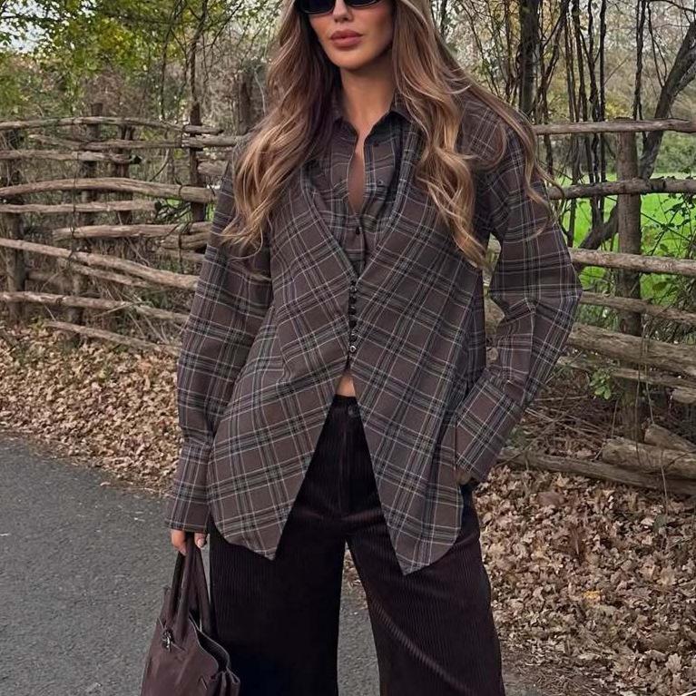 2026 Spring Collection: European & American Style Plaid Shirt - Chic, Casual, Retro Design with Waist-Cinching for a Trendy Look