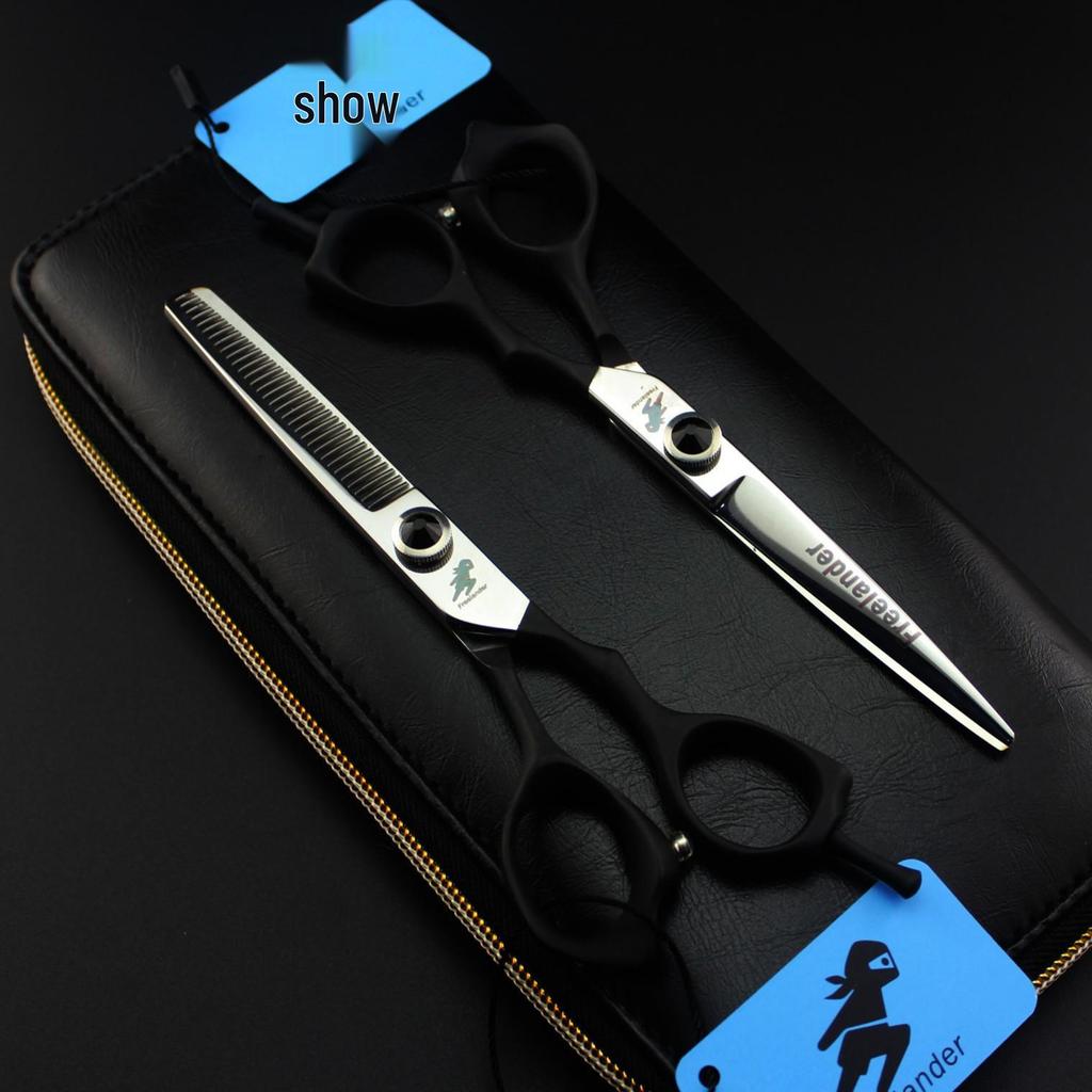 6.0" Black Elastic Handle Barber Scissors - Straight & Thinning Shears for Hairdressing