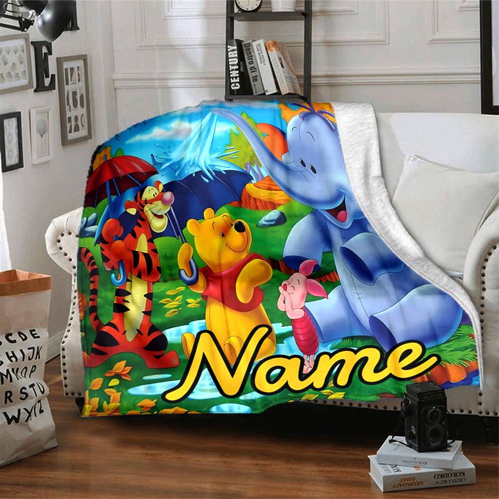 Custom Name Pooh Friends Adventure flannel Blanket for Super Soft Cute Comfort Blanket for Travel Bedding Couch Sofa Blanket