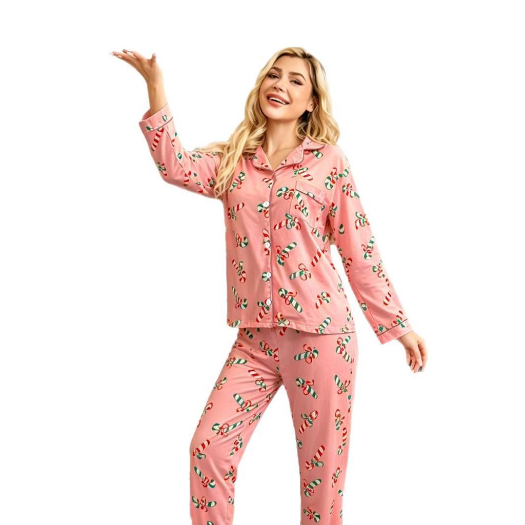 European & American Women's Christmas Lapel Pajama Set - Fashion Cardigan with Long Sleeve Top and Pants Two-Piece Homewear
