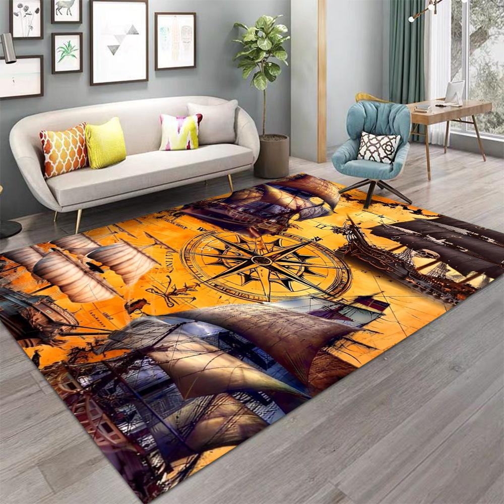 Nautical Compass Carpet Set of 4 Vintage Sailing Map Design Non Slip Floor Mats for Living Room Coastal Decor